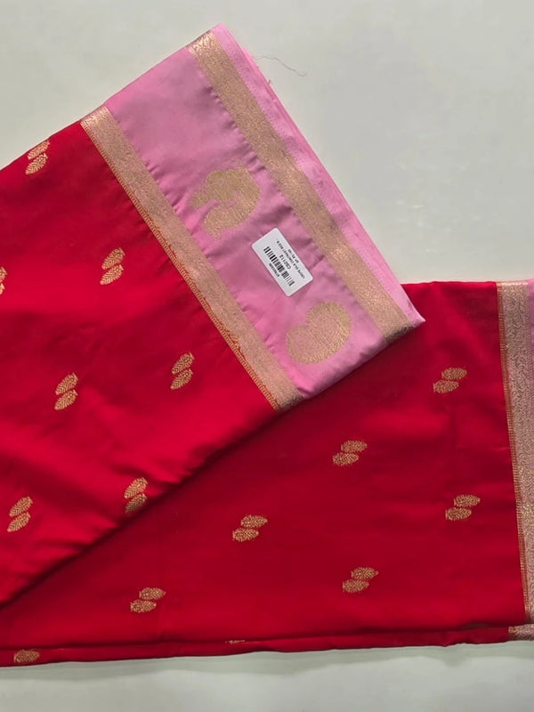 Contrast Red Pink Semi Crepe Silk Saree