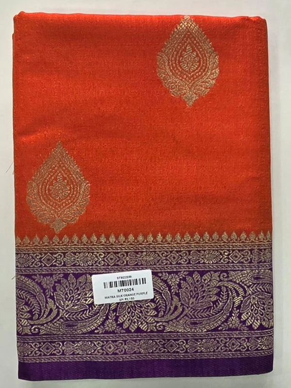 Contrast Orange Purple Matka Silk Saree
