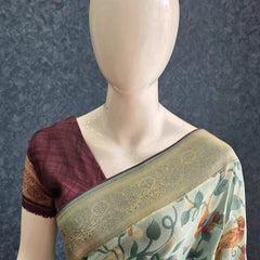Printed Light Blue Matka Silk Saree