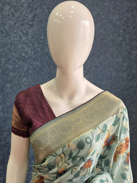 Printed Light Blue Matka Silk Saree