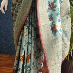 Printed Light Blue Matka Silk Saree