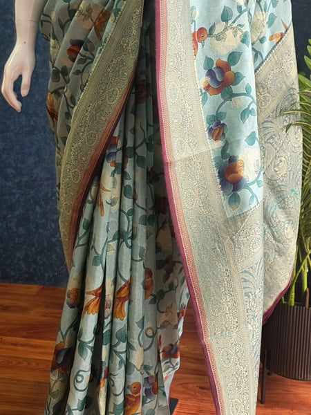 Printed Light Blue Matka Silk Saree