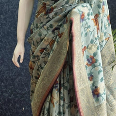 Printed Light Blue Matka Silk Saree