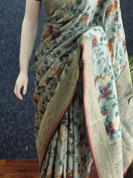 Printed Light Blue Matka Silk Saree