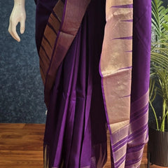 Temple Border Purple Blue Semi Silk Saree