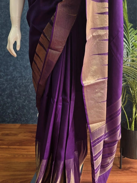 Temple Border Purple Blue Semi Silk Saree