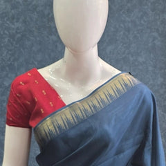 Temple Border Teal Blue Red Semi Silk Saree