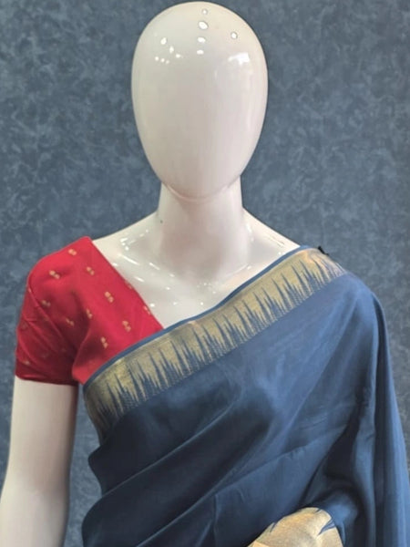 Temple Border Teal Blue Red Semi Silk Saree