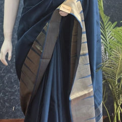Temple Border Teal Blue Red Semi Silk Saree
