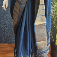 Temple Border Teal Blue Red Semi Silk Saree