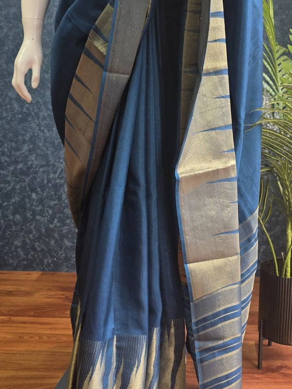 Temple Border Teal Blue Red Semi Silk Saree