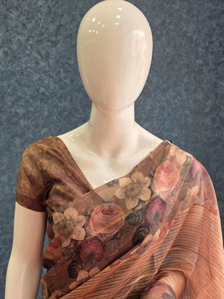 Floral Digital Brown Chanderi Saree