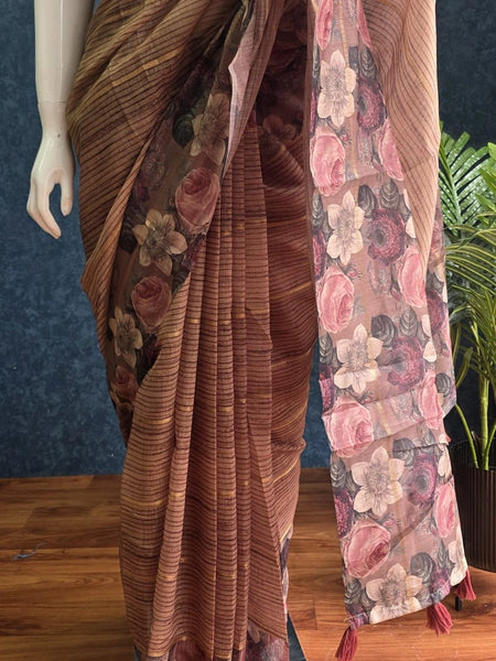 Floral Digital Brown Chanderi Saree