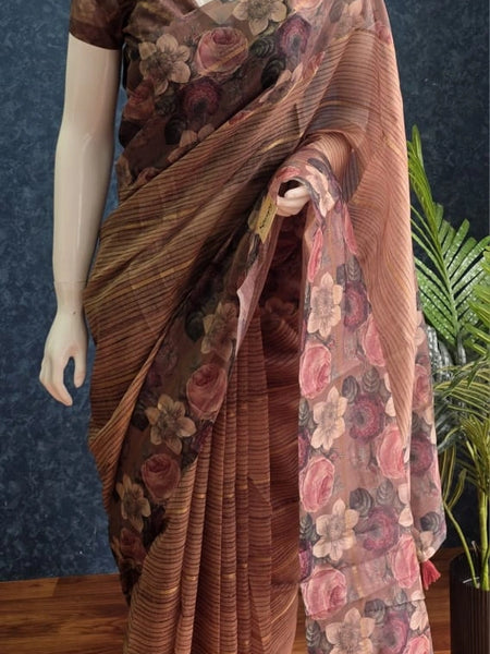 Floral Digital Brown Chanderi Saree