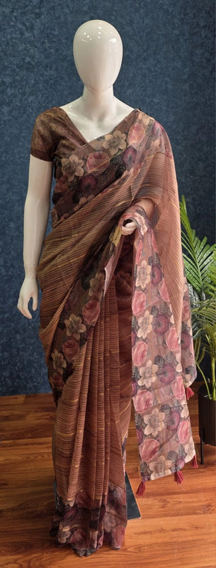 Floral Digital Brown Chanderi Saree