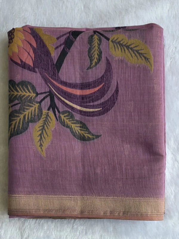 Jamdhani Lavender Flower Linen Saree