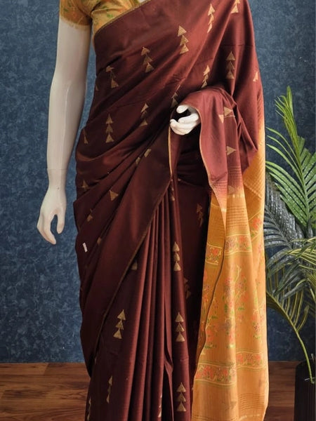 Contrast Brown Light Orange Tussar Saree
