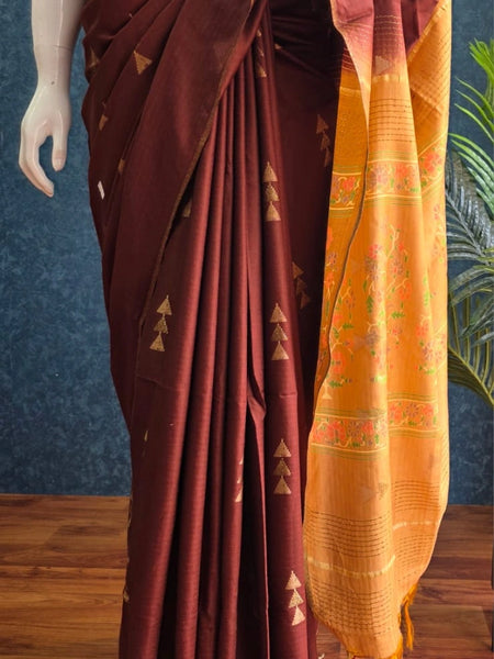 Contrast Brown Light Orange Tussar Saree
