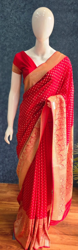Crepe Butta Red Gorgette Saree