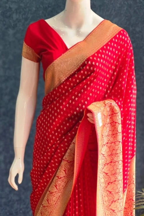 Crepe Butta Teal Blue Gorgette Saree