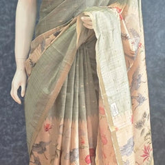 Pichwai Print Pista Cream Tussar Silk Saree