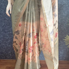 Pichwai Print Pista Cream Tussar Silk Saree