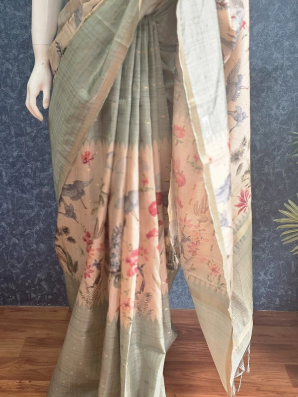 Pichwai Print Pista Cream Tussar Silk Saree