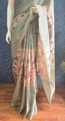 Pichwai Print Pista Cream Tussar Silk Saree