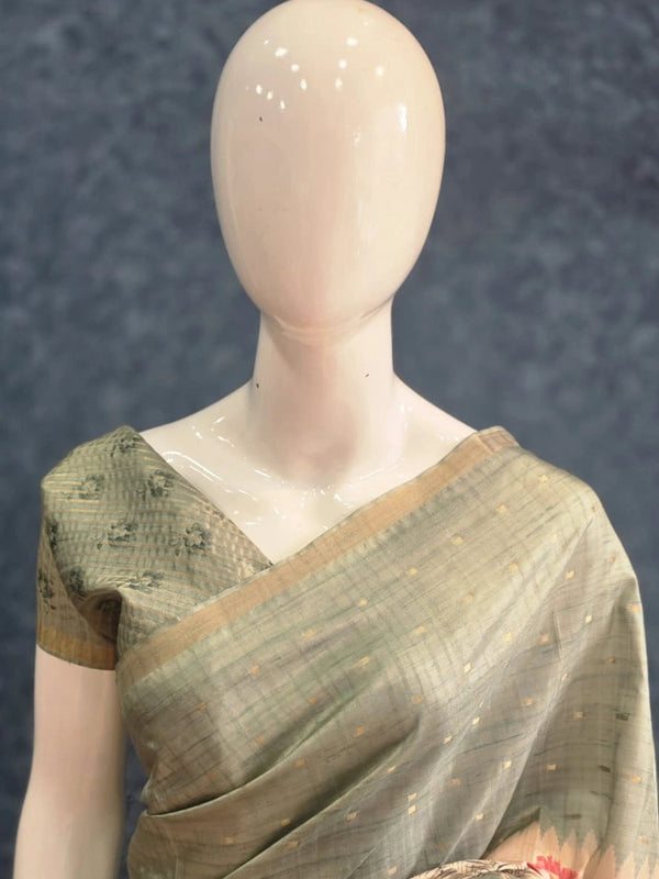 Pichwai Print Pista Cream Tussar Silk Saree