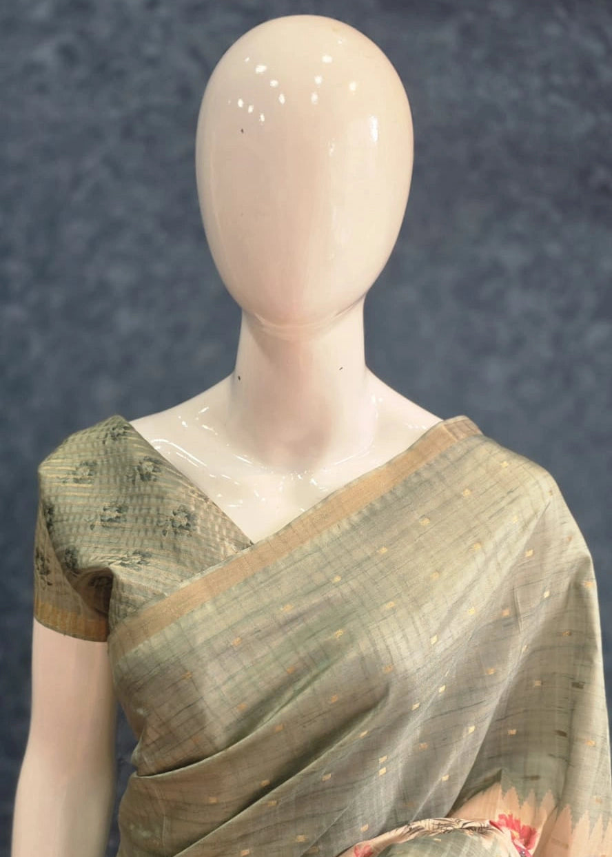 Pichwai Print Pista Cream Tussar Silk Saree