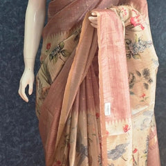 Pichwai Print Peach Cream Tussar Silk Saree