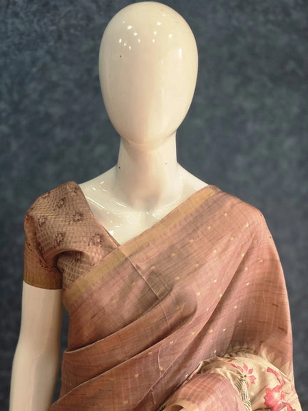 Pichwai Print Peach Cream Tussar Silk Saree