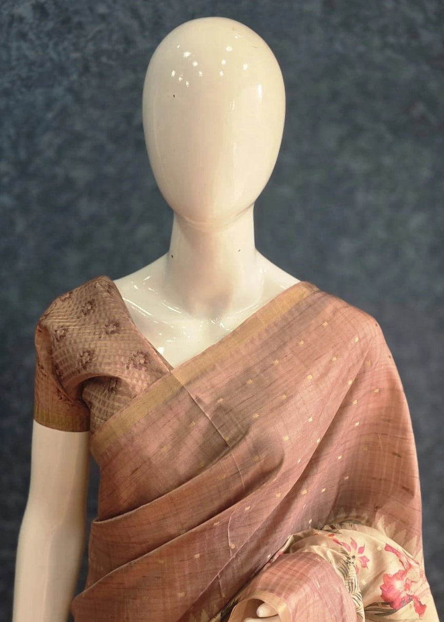 Pichwai Print Peach Cream Tussar Silk Saree