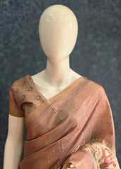 Pichwai Print Peach Cream Tussar Silk Saree
