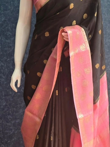 Big Butta Black Baby Pink Tussar Silk Saree