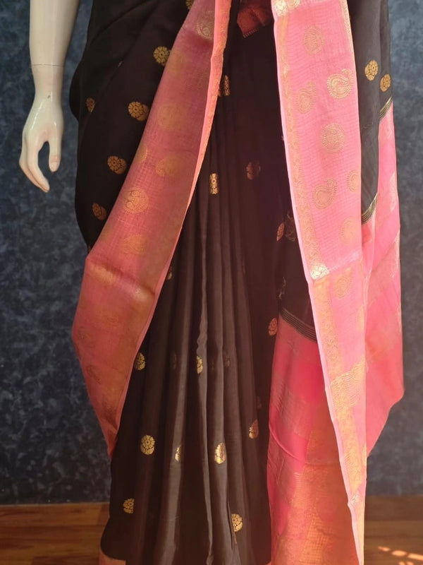 Big Butta Black Baby Pink Tussar Silk Saree