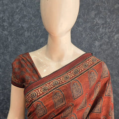 Kalamkari Print Brown Dola Silk Saree
