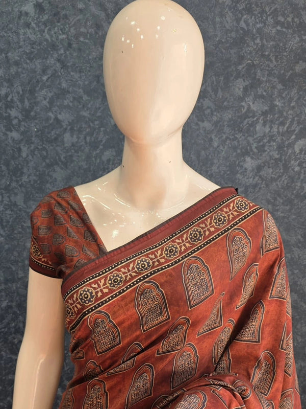 Kalamkari Print Brown Dola Silk Saree