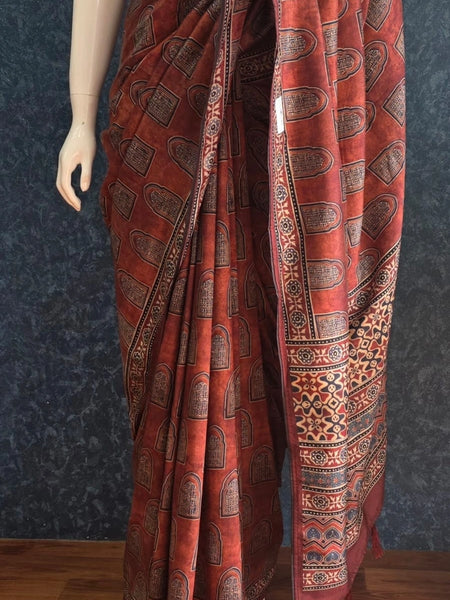 Kalamkari Print Brown Dola Silk Saree