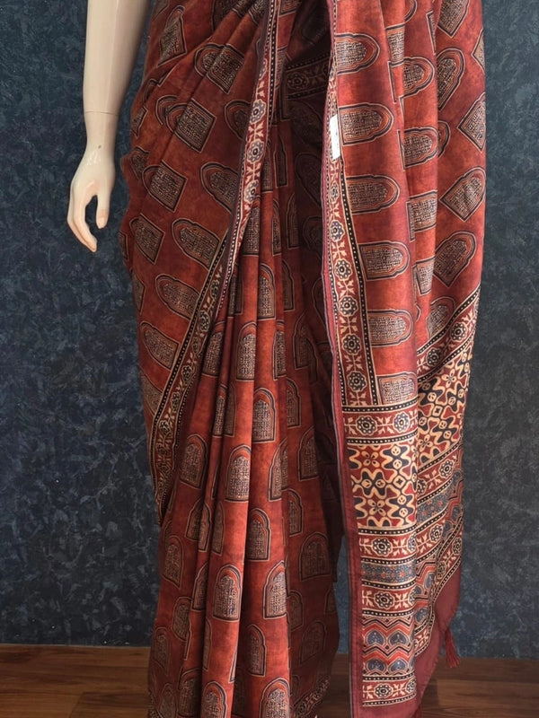 Kalamkari Print Brown Dola Silk Saree