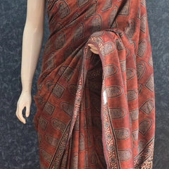 Kalamkari Print Brown Dola Silk Saree