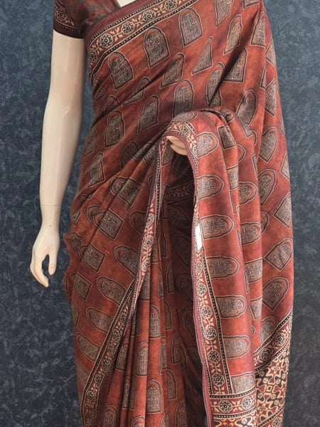 Kalamkari Print Brown Dola Silk Saree