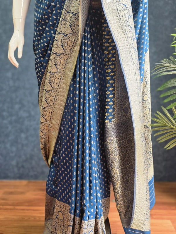 Crepe Butta Teal Blue Gorgette Saree