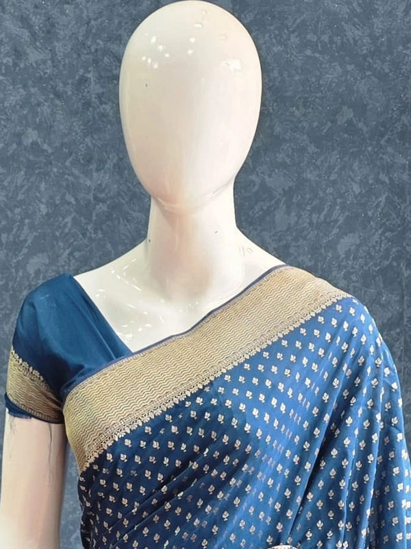 Crepe Butta Teal Blue Gorgette Saree