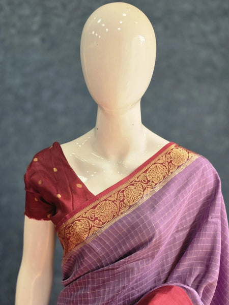 Checks Lavender Maroon Tussar Silk Saree