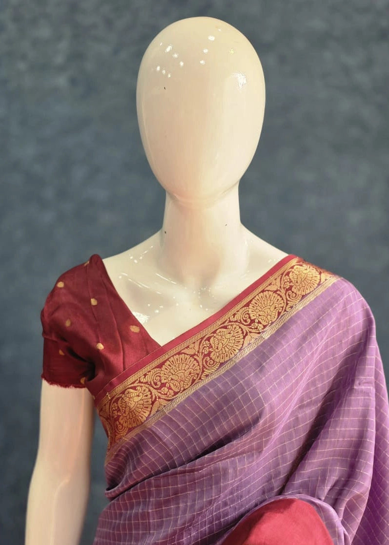 Checks Lavender Maroon Tussar Silk Saree