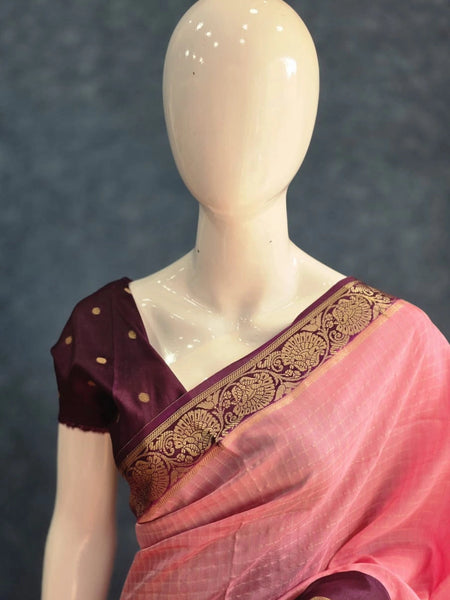 Checks Baby Pink Purple Tussar Silk Saree