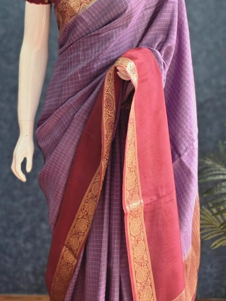 Checks Lavender Maroon Tussar Silk Saree