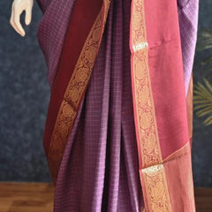 Checks Lavender Maroon Tussar Silk Saree