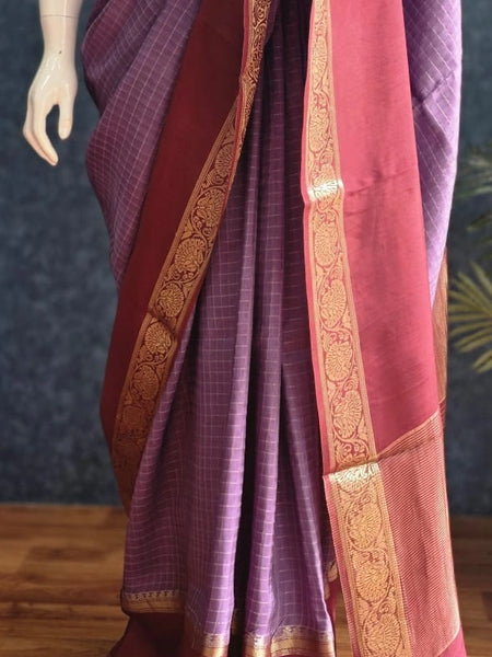 Checks Lavender Maroon Tussar Silk Saree
